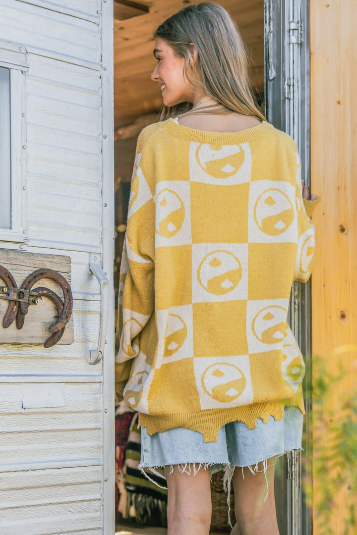 And The Why Checkerboard Sweater with Yin Yang Pattern In Mustard