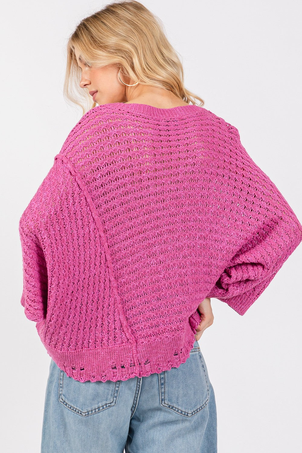 SAGE + FIG Distressed Asymmetrical Open Stitch Sweater In Magenta