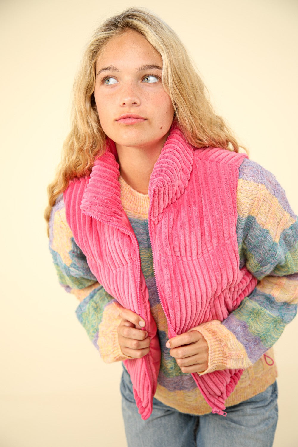 VERY J Zip Up Padded Corduroy Puffer Vest In PInk