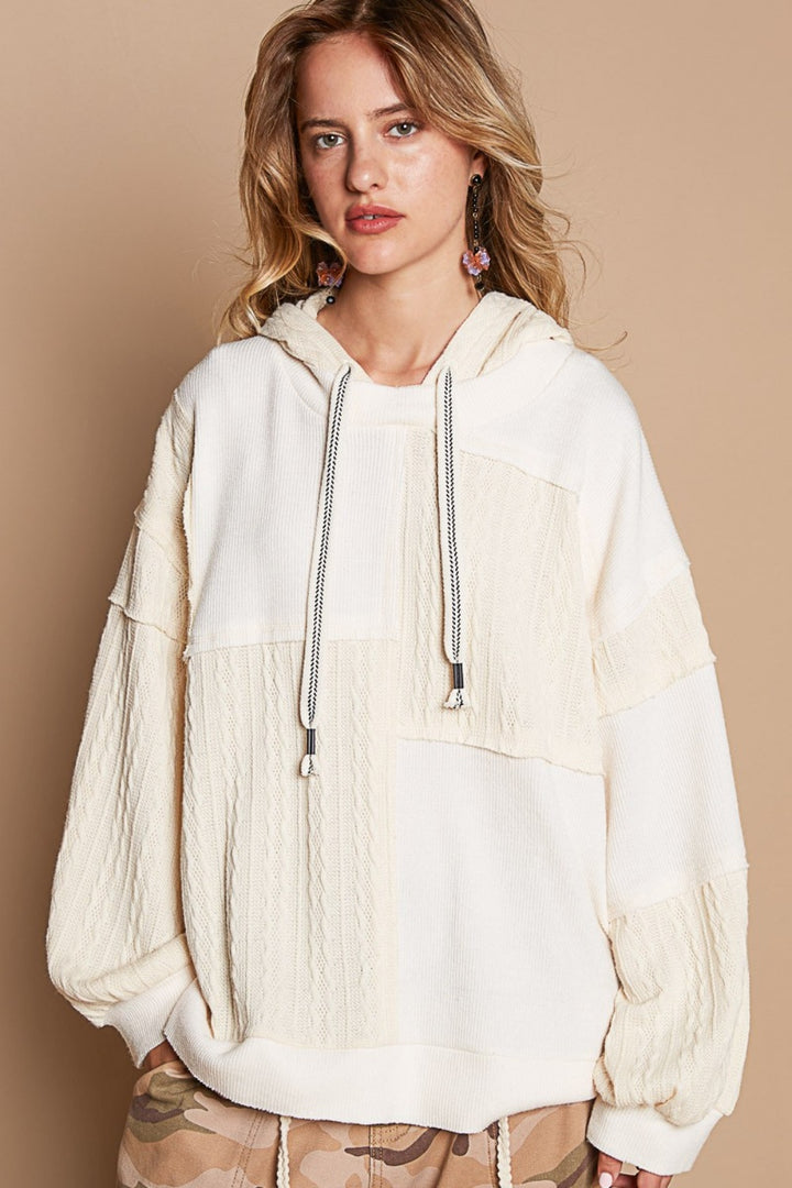 POL Exposed Seam Hooded Knit Top In Cream