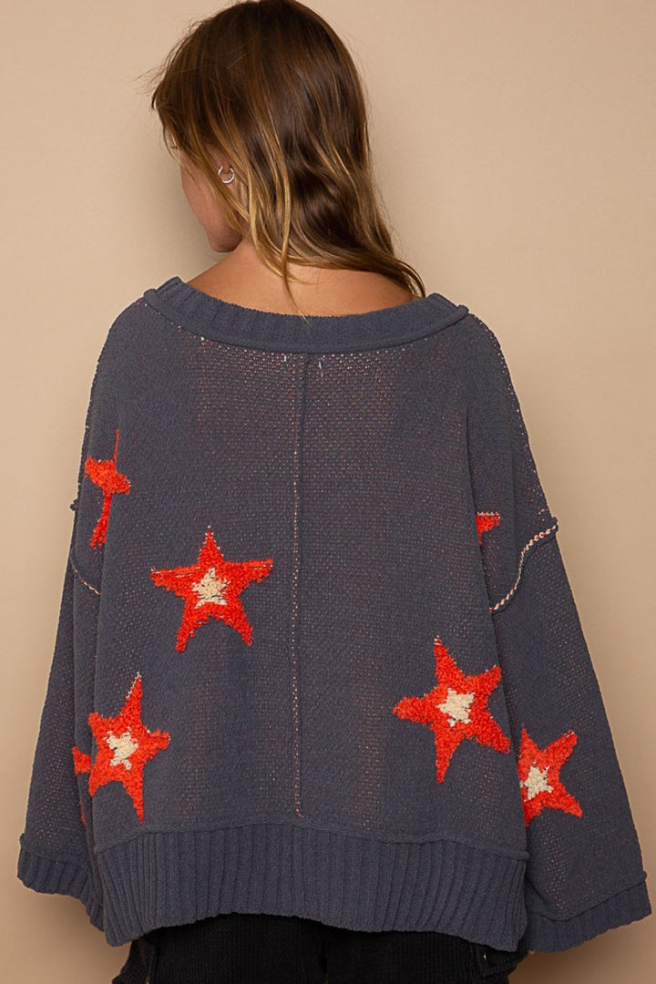 POL Long Sleeve Star Patch Sweater In Charcoal