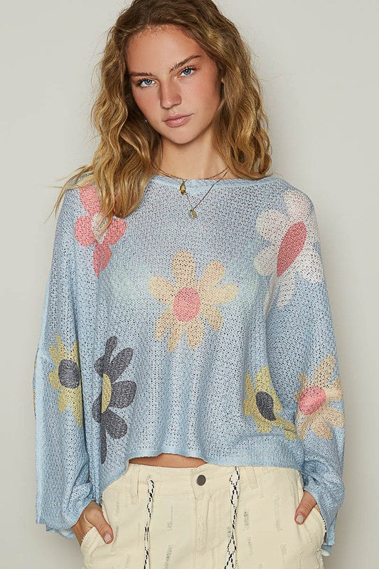 POL Flower Dropped Shoulder Knit Top In Baby Blue