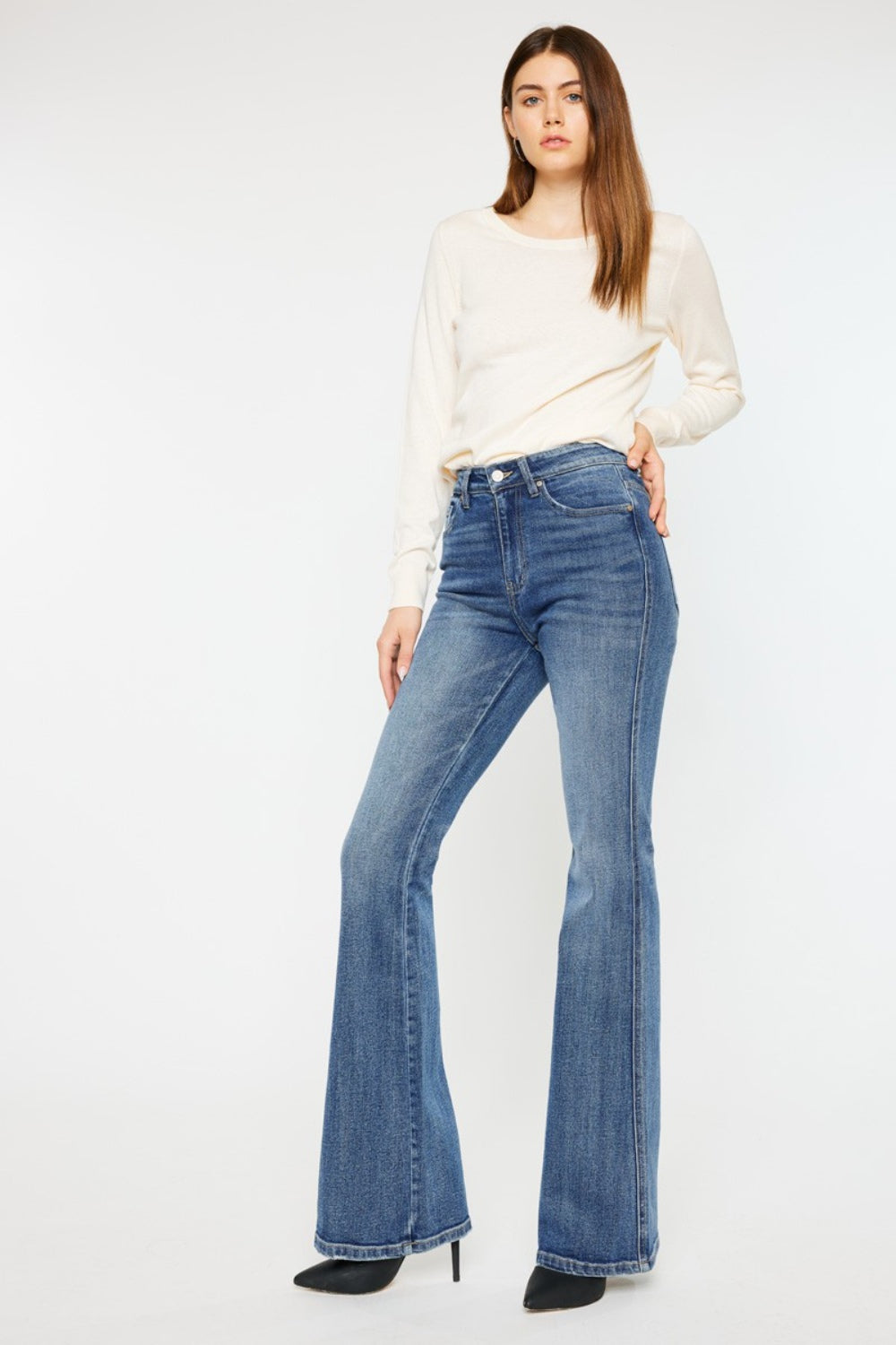 Kancan Cat's Whiskers High Waist Flare Jeans In Medium Wash