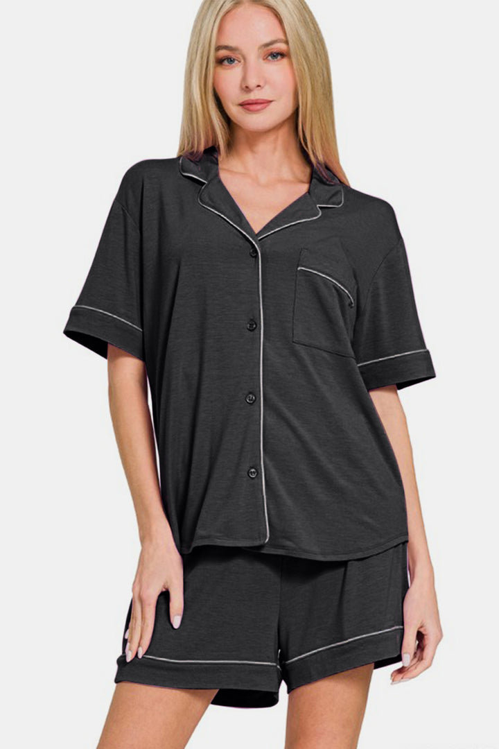 Zenana Button Down Top and Shorts Lounge Set In Black