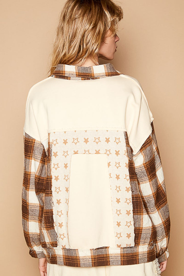 POL Plaid & Star Patchwork Contrast Long Sleeve Shacket In Beige