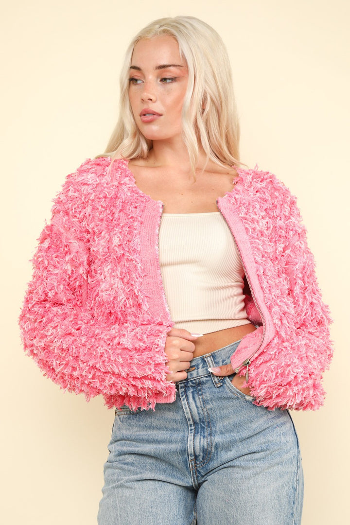 VERY J Shaggy Yarn Knit Zip Up Jacket In Pink