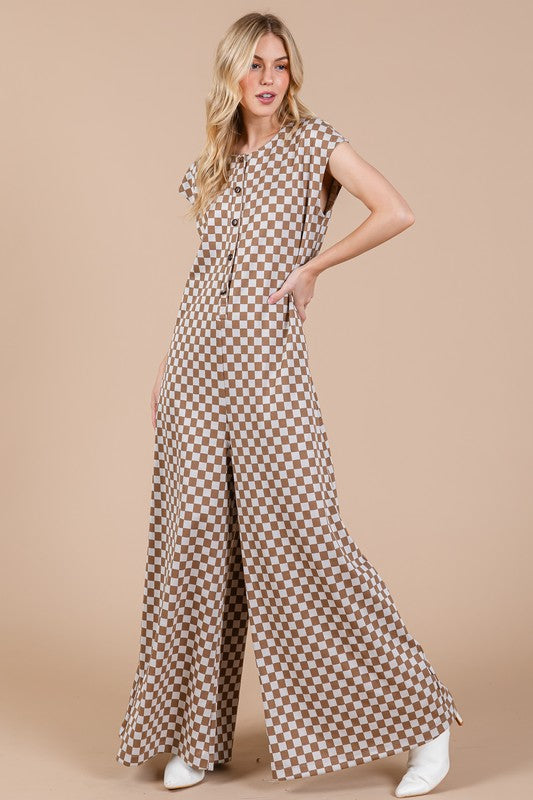 Ces Femme Checkered Half Button Jumpsuit In Taupe