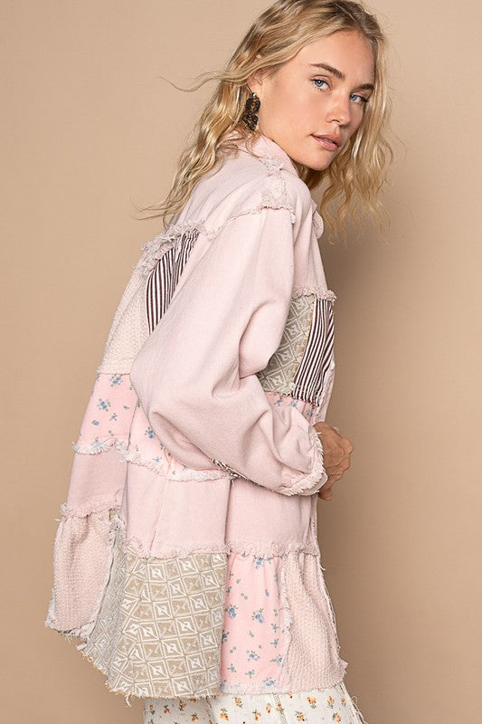 POL Raw Hem Patchwork Jacket In Blush Pink