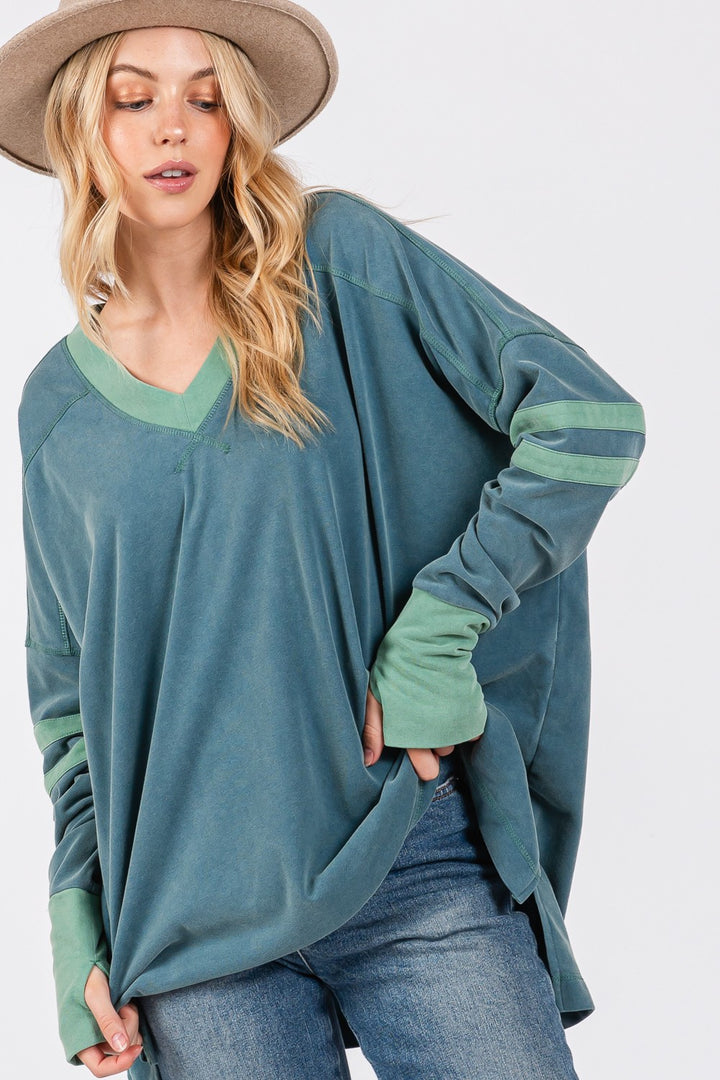 SAGE + FIG Mineral Wash Side Slit Contrast Top In Teal