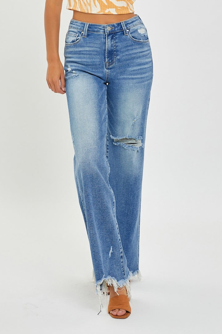 RISEN Haze High Rise Frayed Hem Wide Leg Jeans