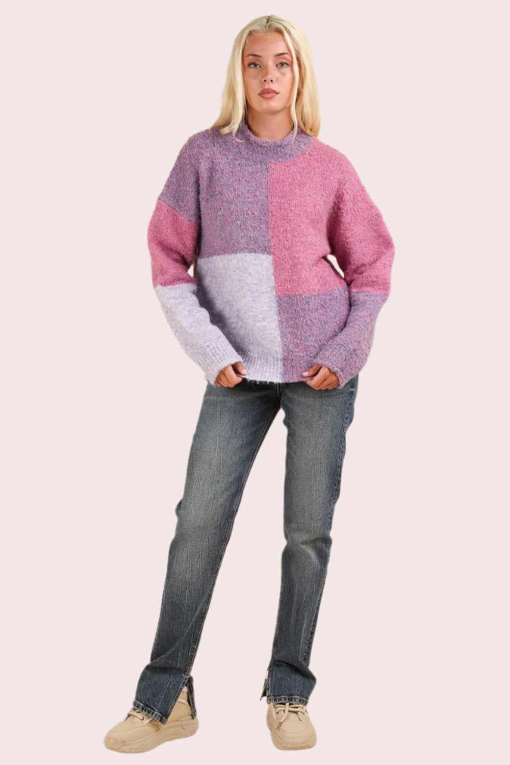 VERY J Color Block Mock Neck Drop Shoulder Sweater In Purple