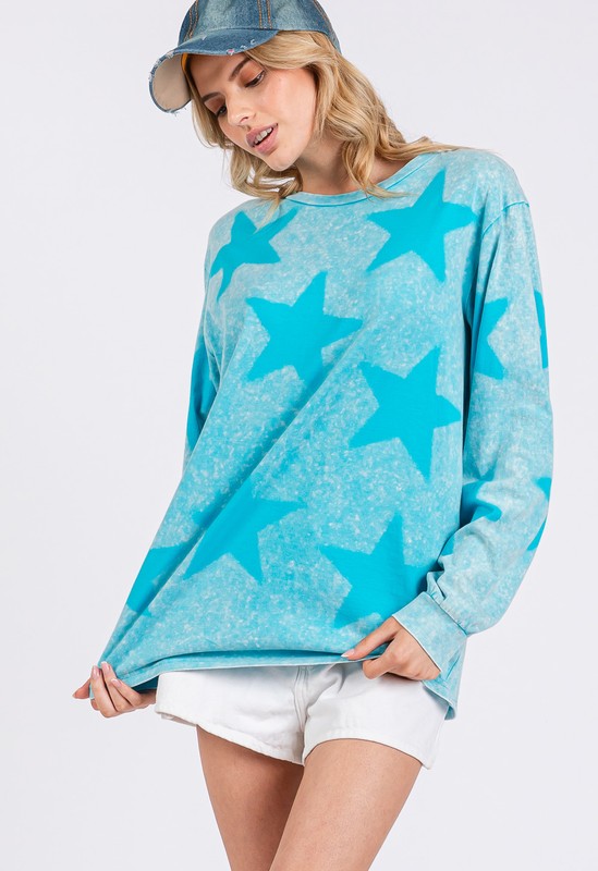 SAGE + FIG Mineral Wash Star Pattern T-Shirt  In Aqua