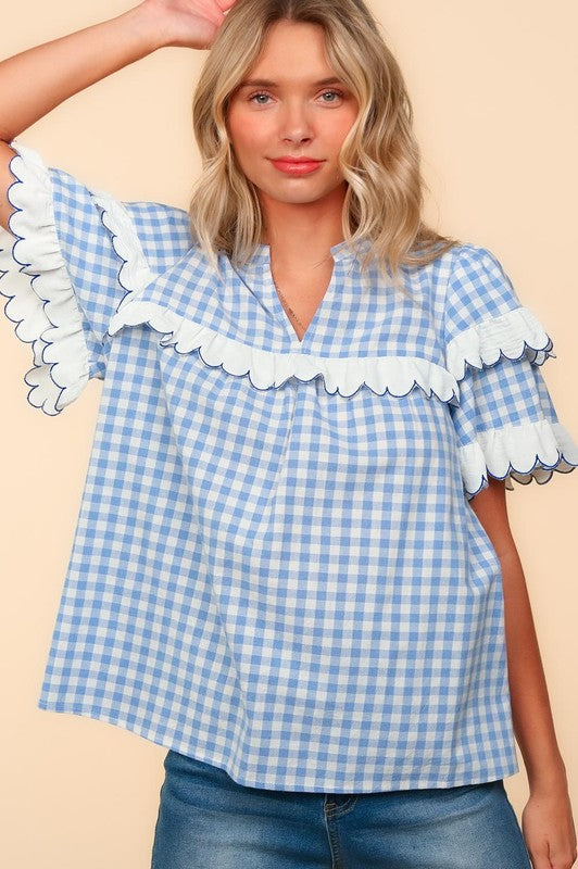 Haptics Plaid Scallop Hem Notched Blouse In Sky Blue