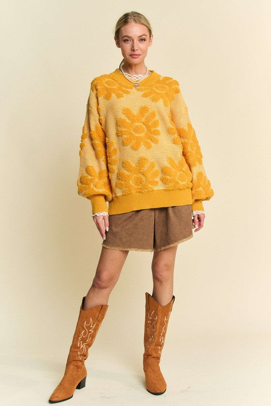 Davi & Dani Flower Texture Sweater In Gold