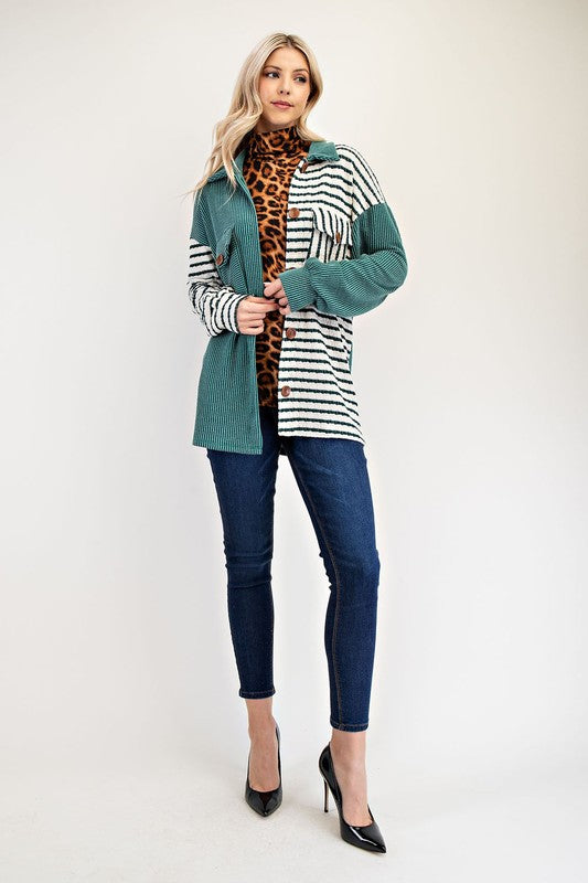 Celeste Leopard Contrast Button Up Shacket In Turquoise