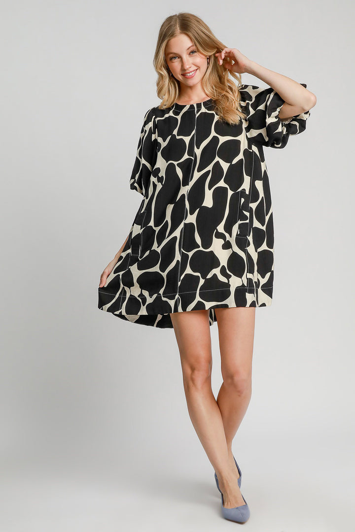 Umgee Abstract Print Puff Sleeve Dress In Black