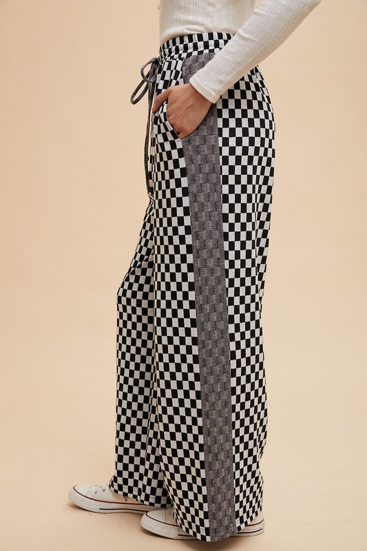 Annie Wear Drawstring Checkered Wide Leg Pants In Black