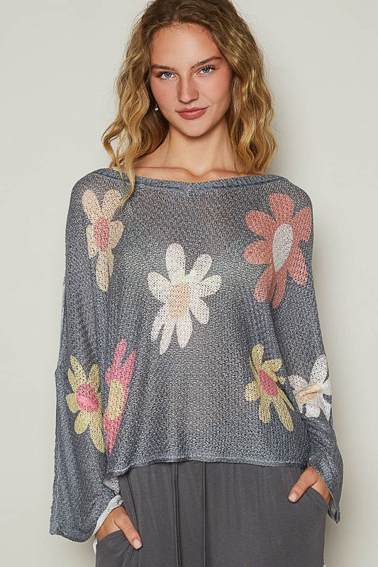 POL Flower Dropped Shoulder Knit Top In Charcoal