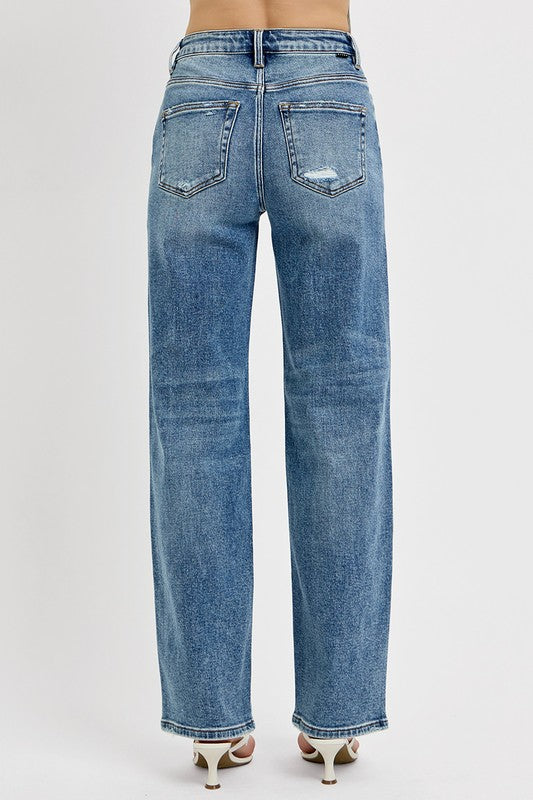 RISEN Distressed Wide Leg Jeans In Medium Wash