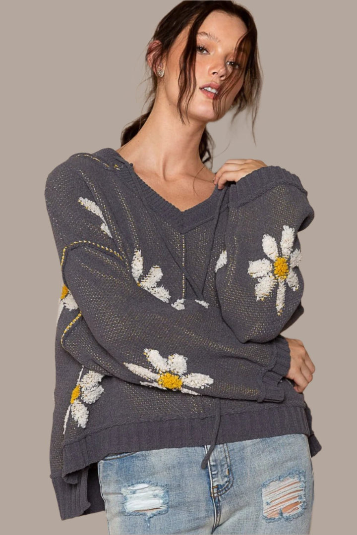 POL Floral Pattern Hooded High-Low Sweater In Charcoal