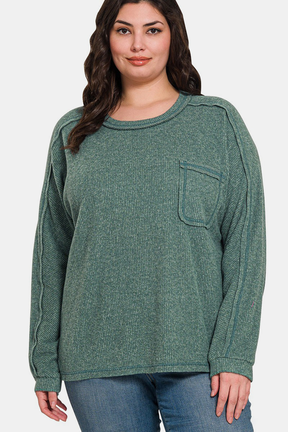 Zenana Brushed Ribbed Hacci Knit Top In Ash Jade