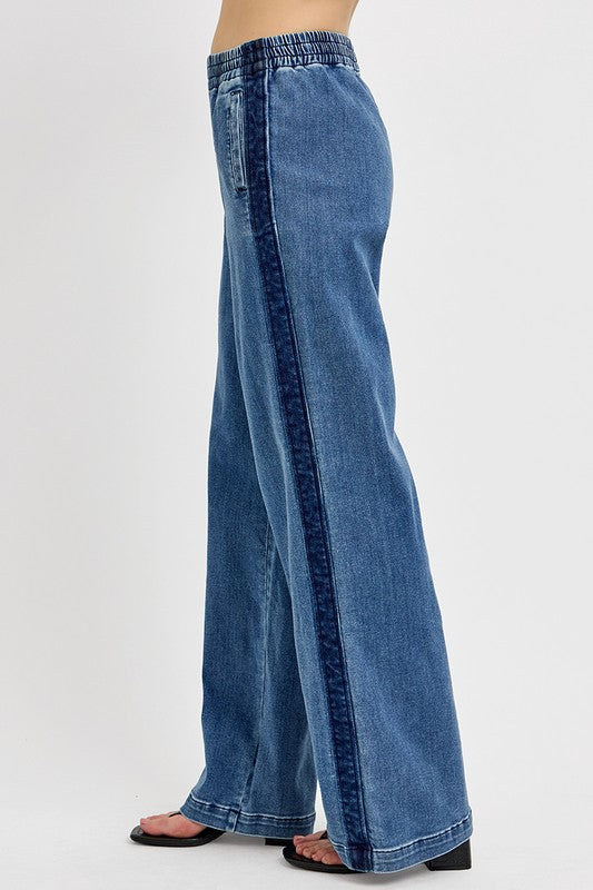 RISEN Elastic Waist Wide Leg Jeans In Medium Wash