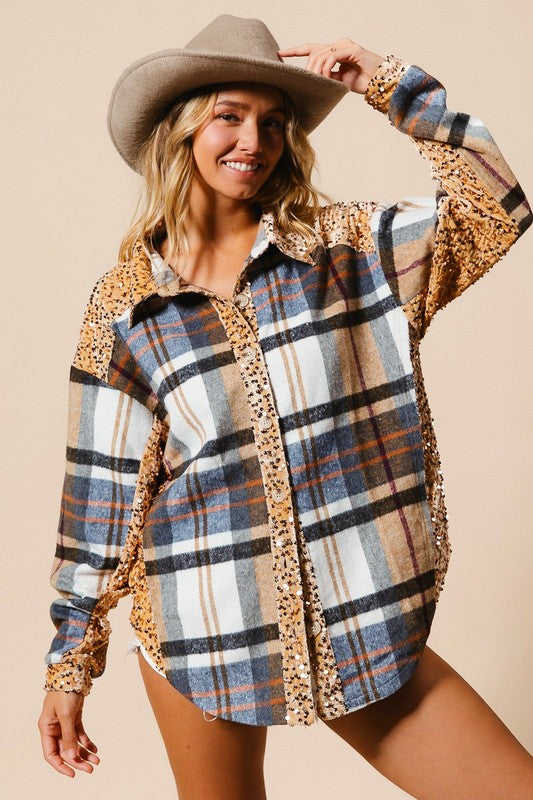 BiBi Curved Hem Sequin Plaid Button Up Shacket In Latte