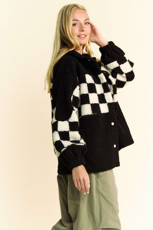 Davi & Dani Checkered Faux Fur Jacket In Black