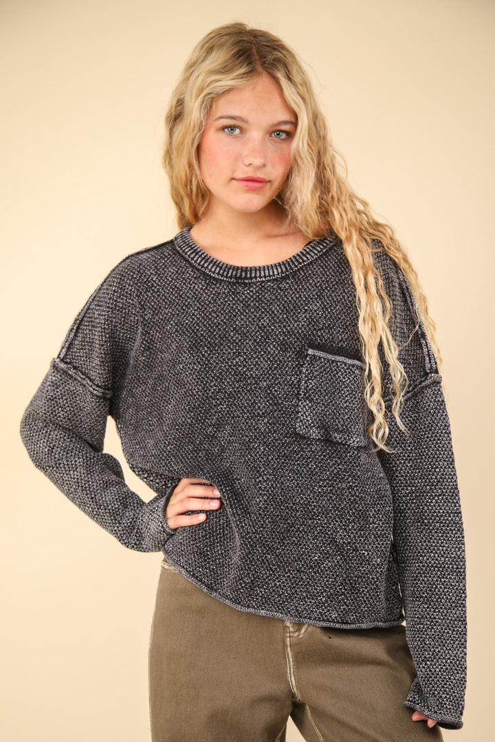 VERY J Mineral Washed Exposed Seam Sweater In Black