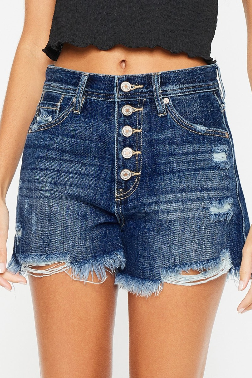 Kancan Lucy Raw Hem Button-Fly Denim Shorts