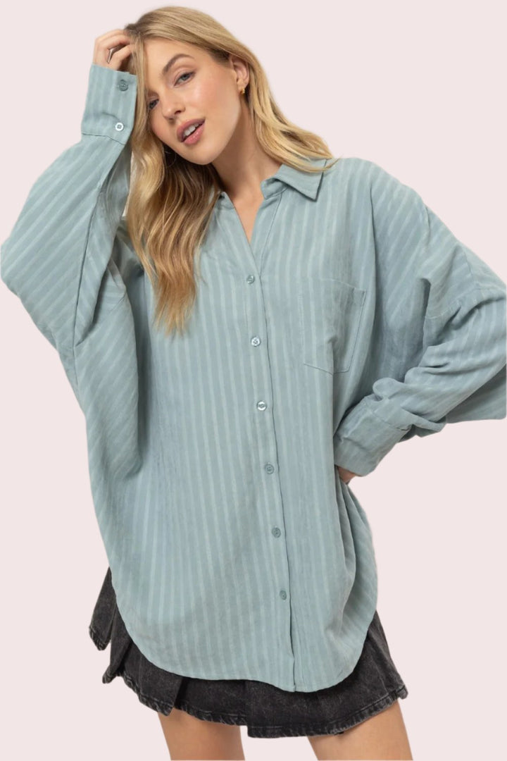 HYFVE Stripe Button Down Long Sleeve Oversized Shirt In Dusty Aqua