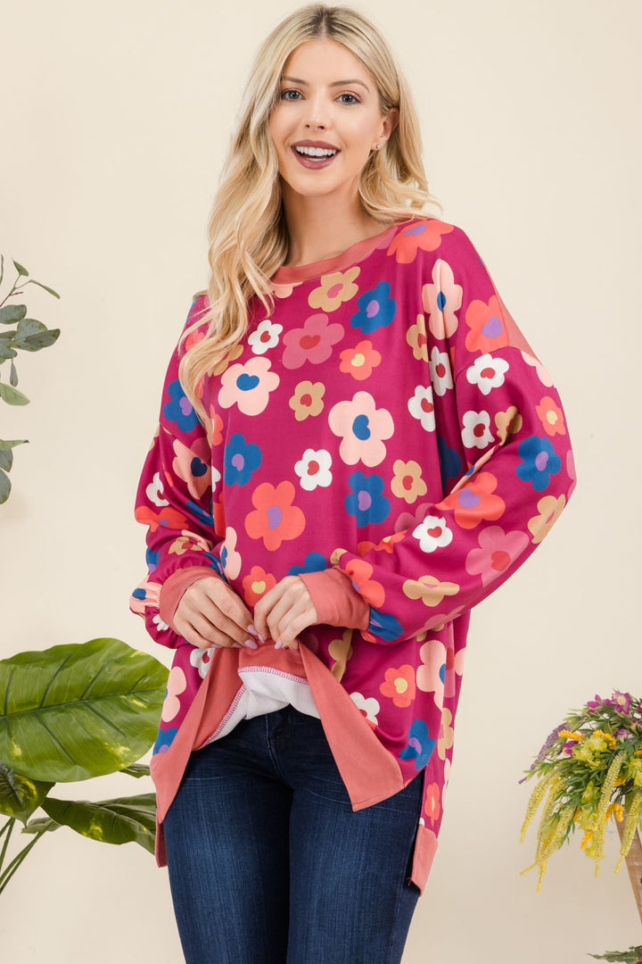 Celeste Side Slit Flower Print Top In Fuchsia