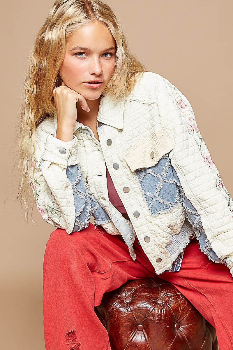 POL Embroidered Sleeve Raw Edge Quilted Jacket In Ivory