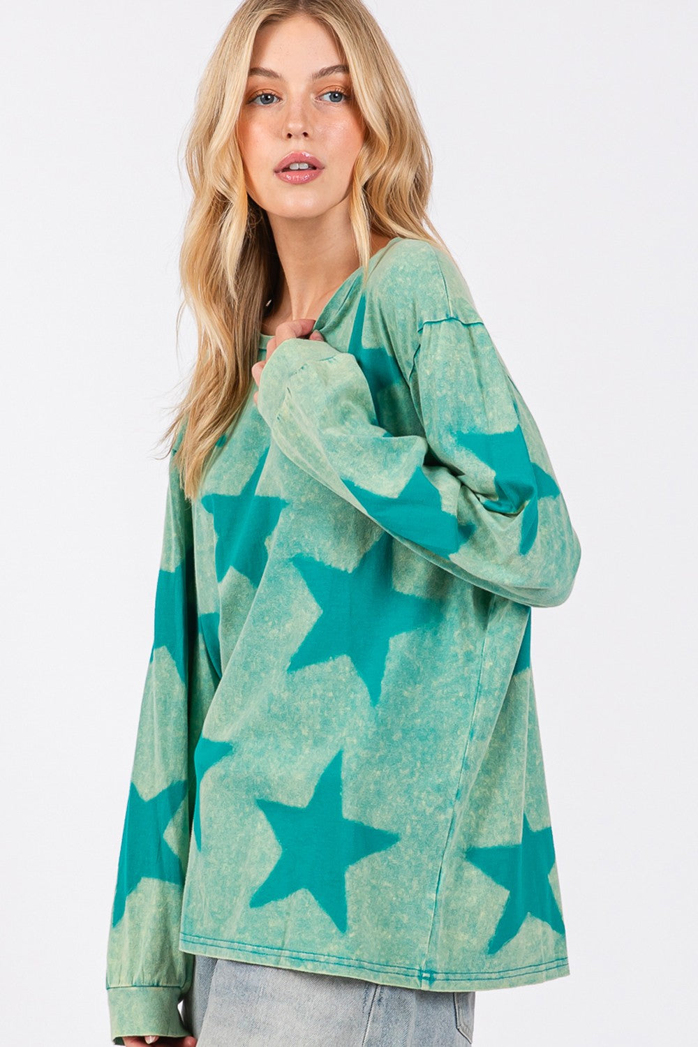 SAGE + FIG Mineral Wash Star Pattern Top In Turquoise