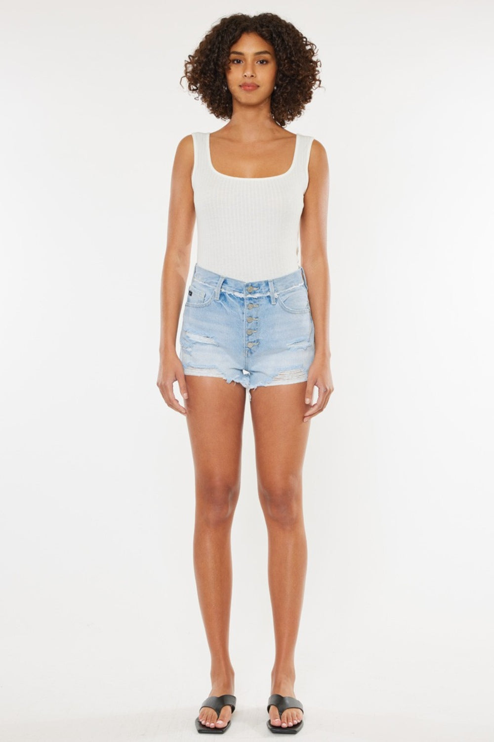 Kancan Distressed Button Fly Denim Shorts In Medium Wash