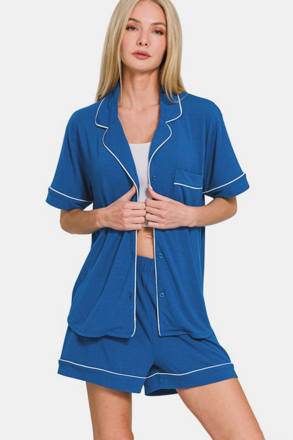 Zenana Button Down Top and Shorts Lounge Set In Classic Blue