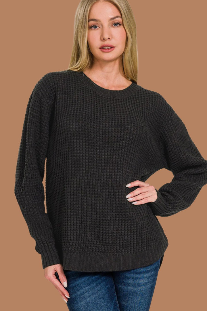 Zenana High Low Waffle Sweater In Black