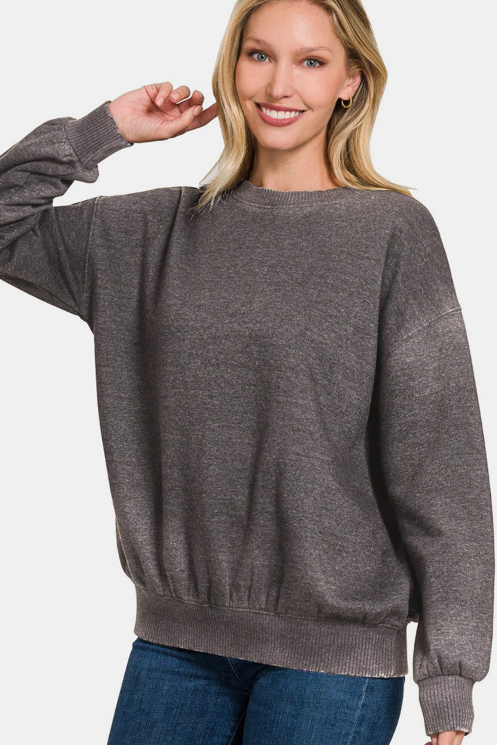 Zenana Acid Wash Fleece Long Sleeve Sweatshirt In Ash Black