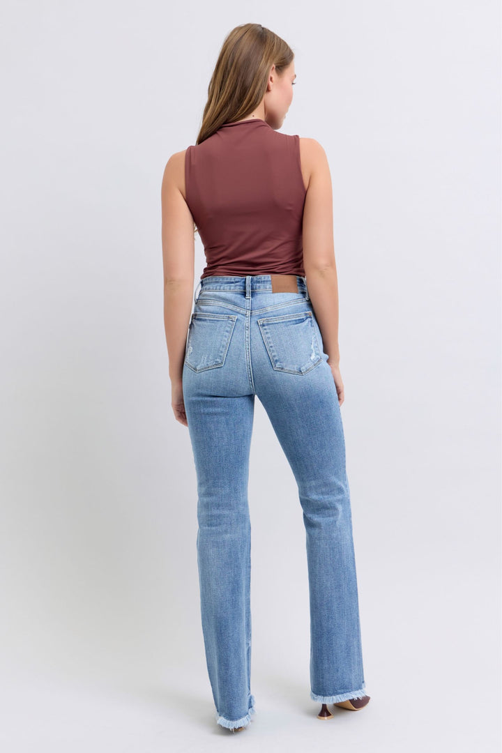 Judy Blue Raw Hem High Rise Bootcut Jeans In Medium Wash