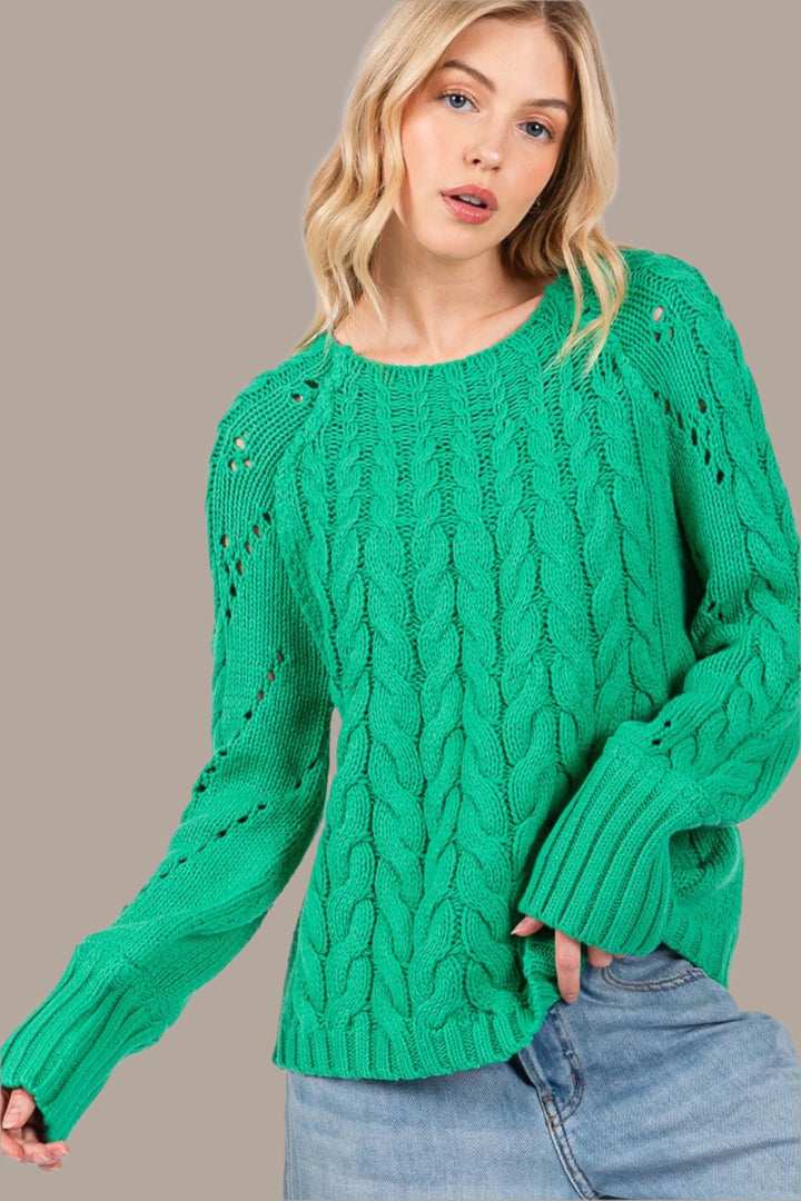 SAGE + FIG Cable-Knit Long Sleeve Sweater In Emerald