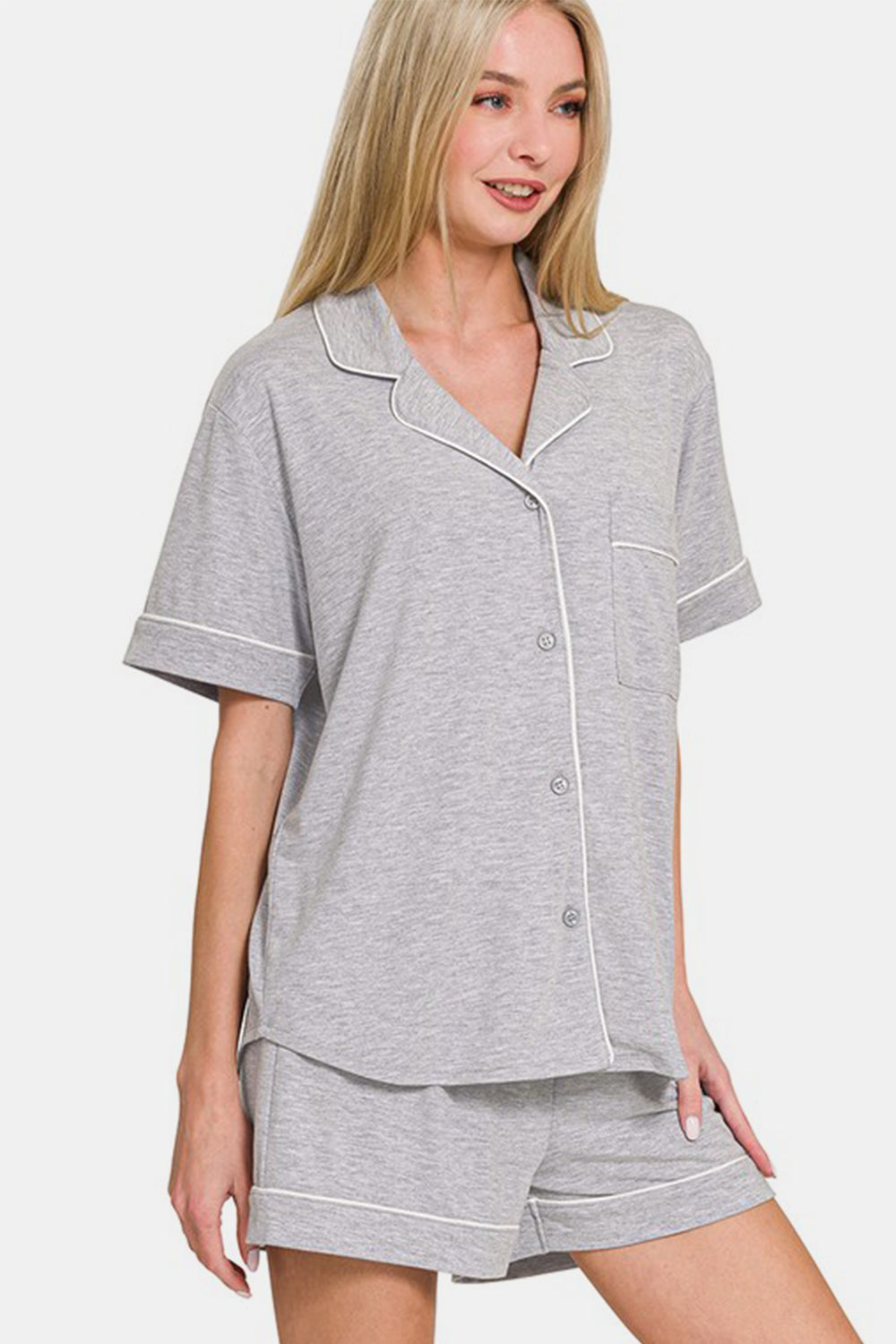 Zenana Button Down Top and Shorts Lounge Set In Light Gray