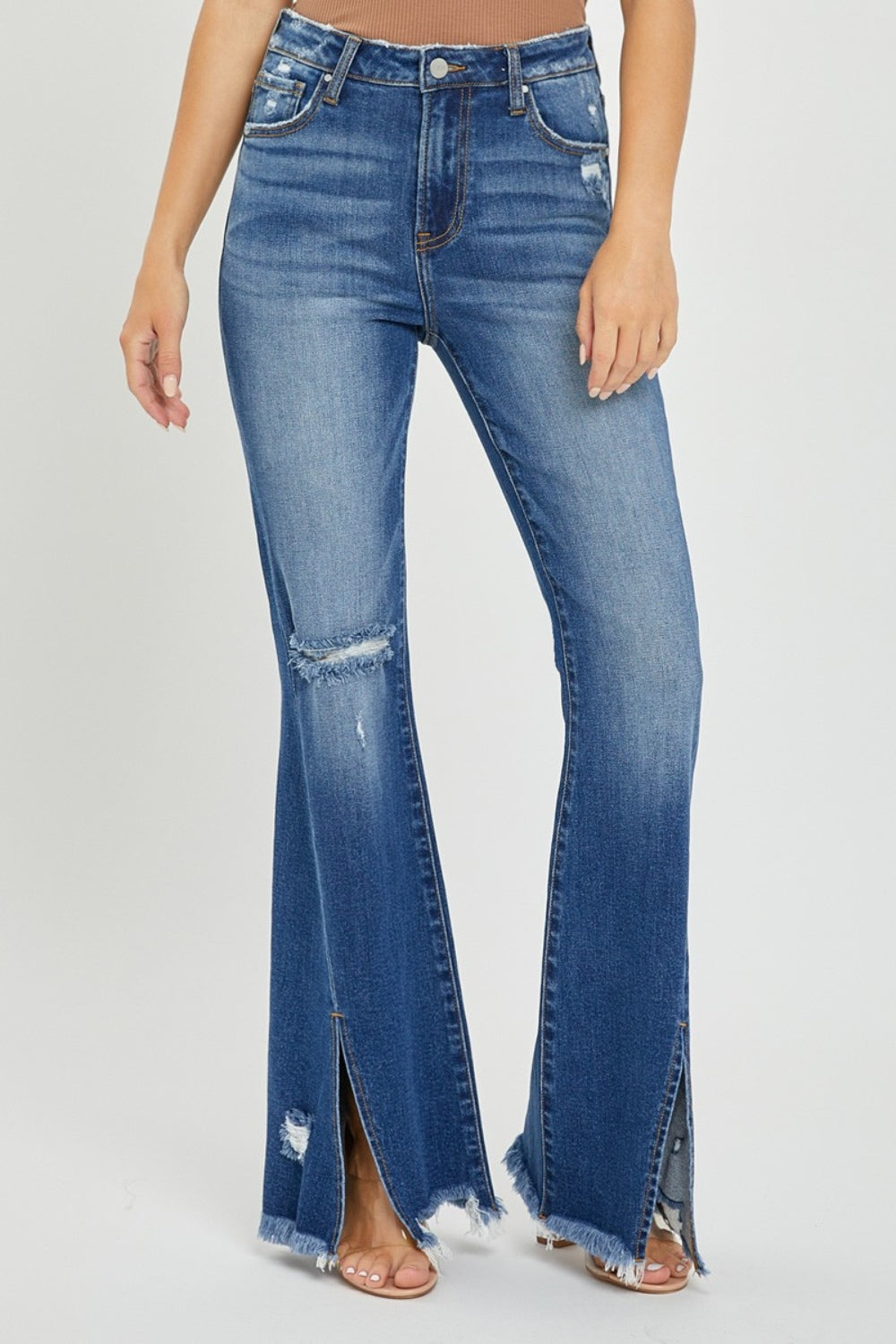 RISEN Gianna High Rise Front Slit Frayed Hem Flare Jeans