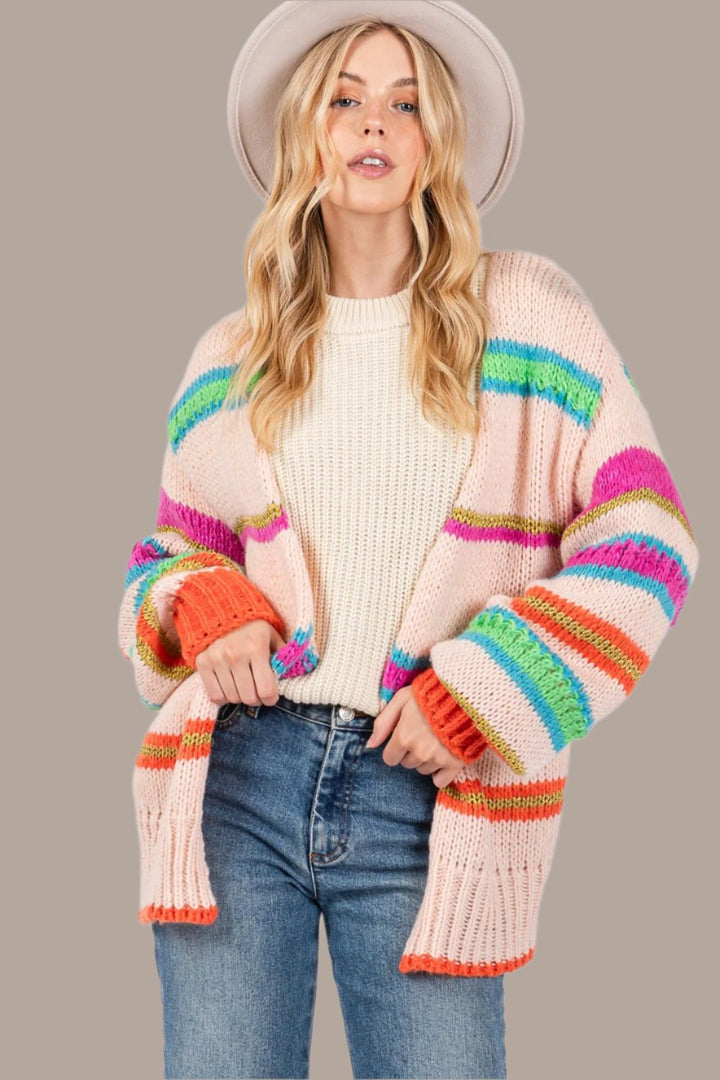 SAGE + FIG Rainbow Striped Open Front Knit Cardigan In Multi