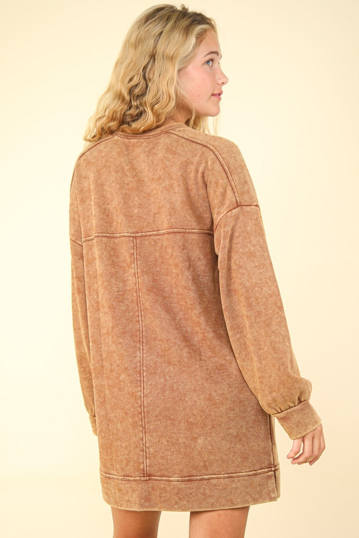 VERY J Mineral Washed Oversized Sweatshirt Mini Dress In Camel