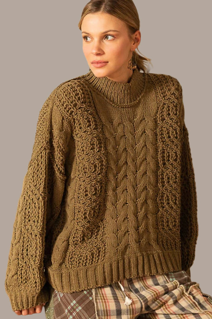 POL Mock Neck Cable Knit Sweater In Dusky Olive