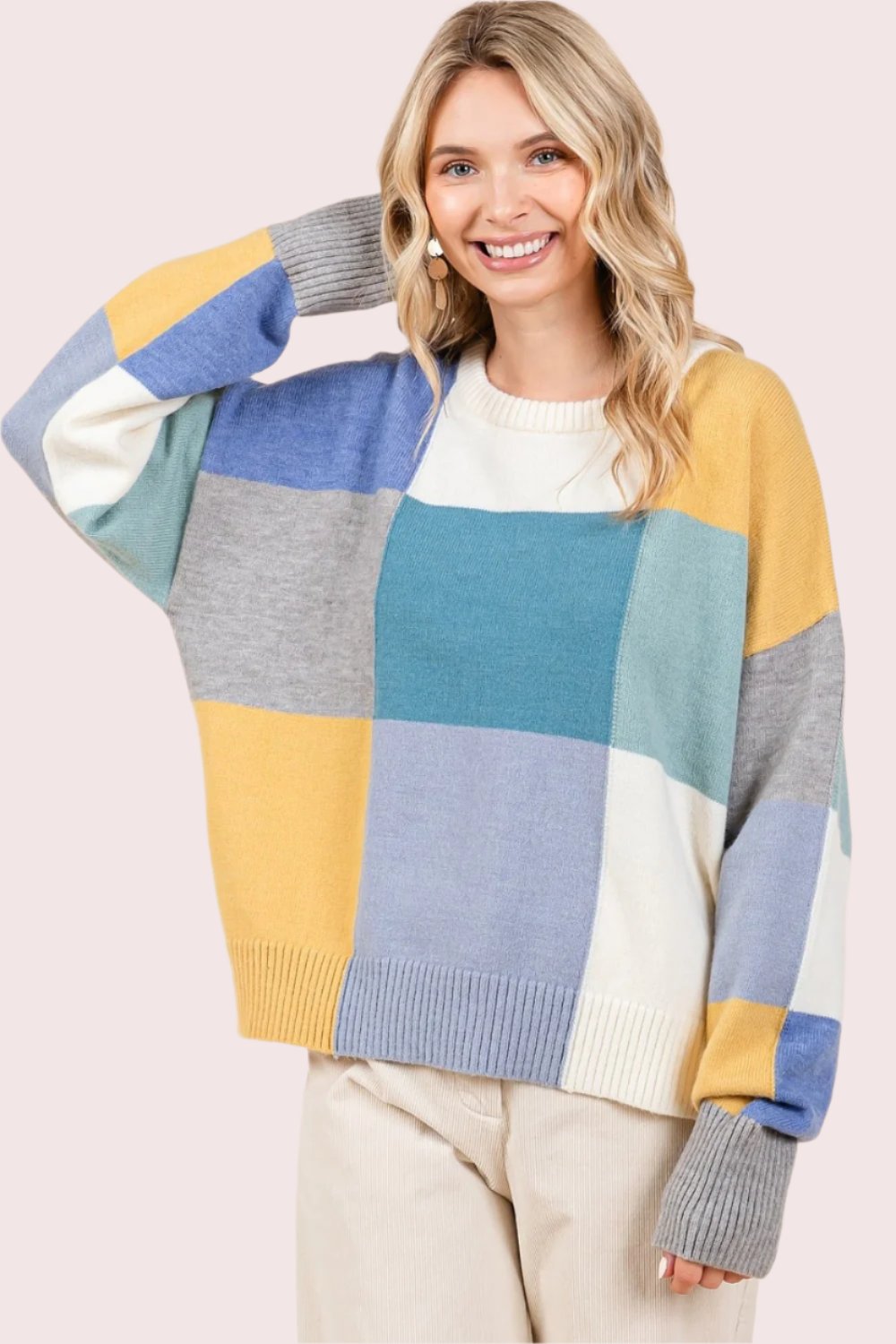 Mittoshop Color Block Round Neck Sweater In Seafoam