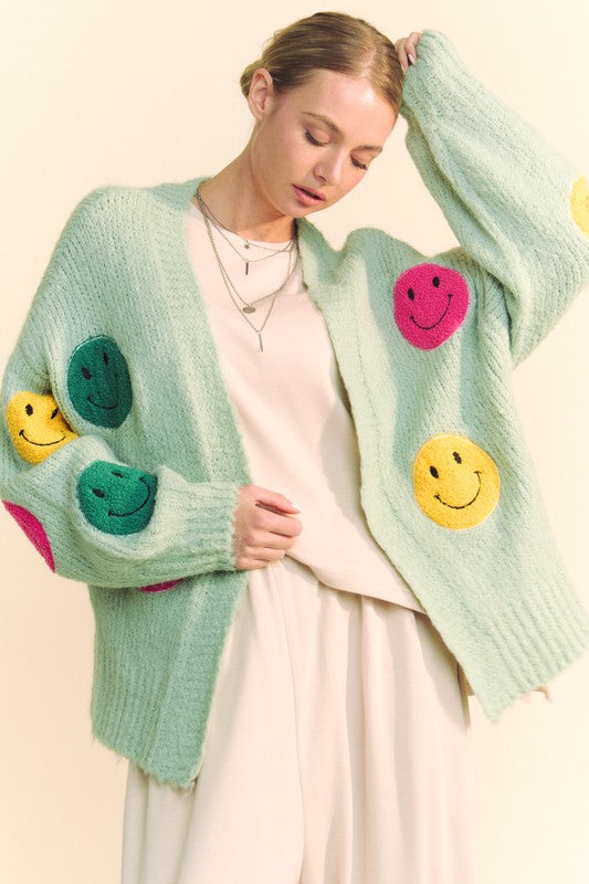 Davi & Dani Fuzzy Smile Cardigan In Sage