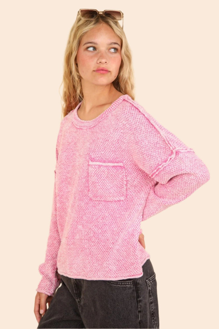 VERY J Mineral Washed Exposed Seam Sweater In pink