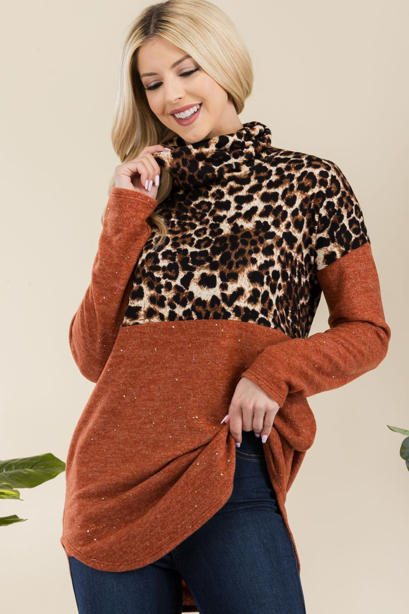 Leopard Turtleneck Blouse In Rust