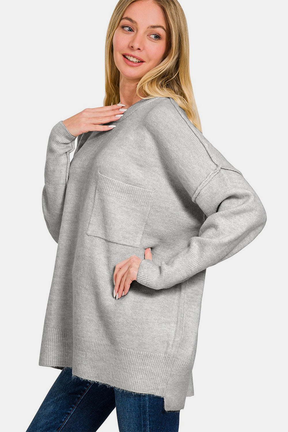 Zenana High-Low Hem Sweater In Grey